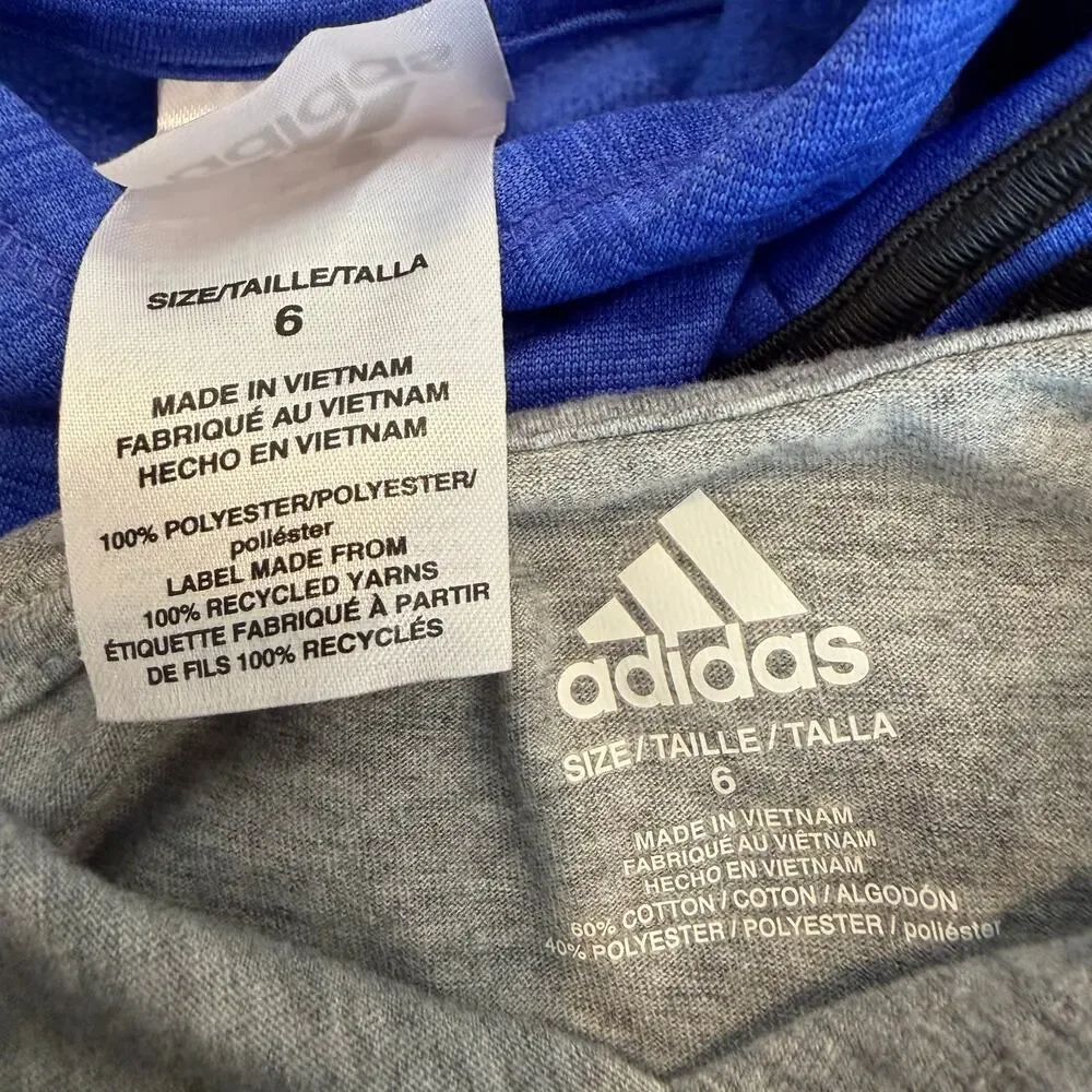 2x Adidas Boys Blue Logo Hoodie Sweatshirt Long Sleeve Hooded Logo Tee gray
